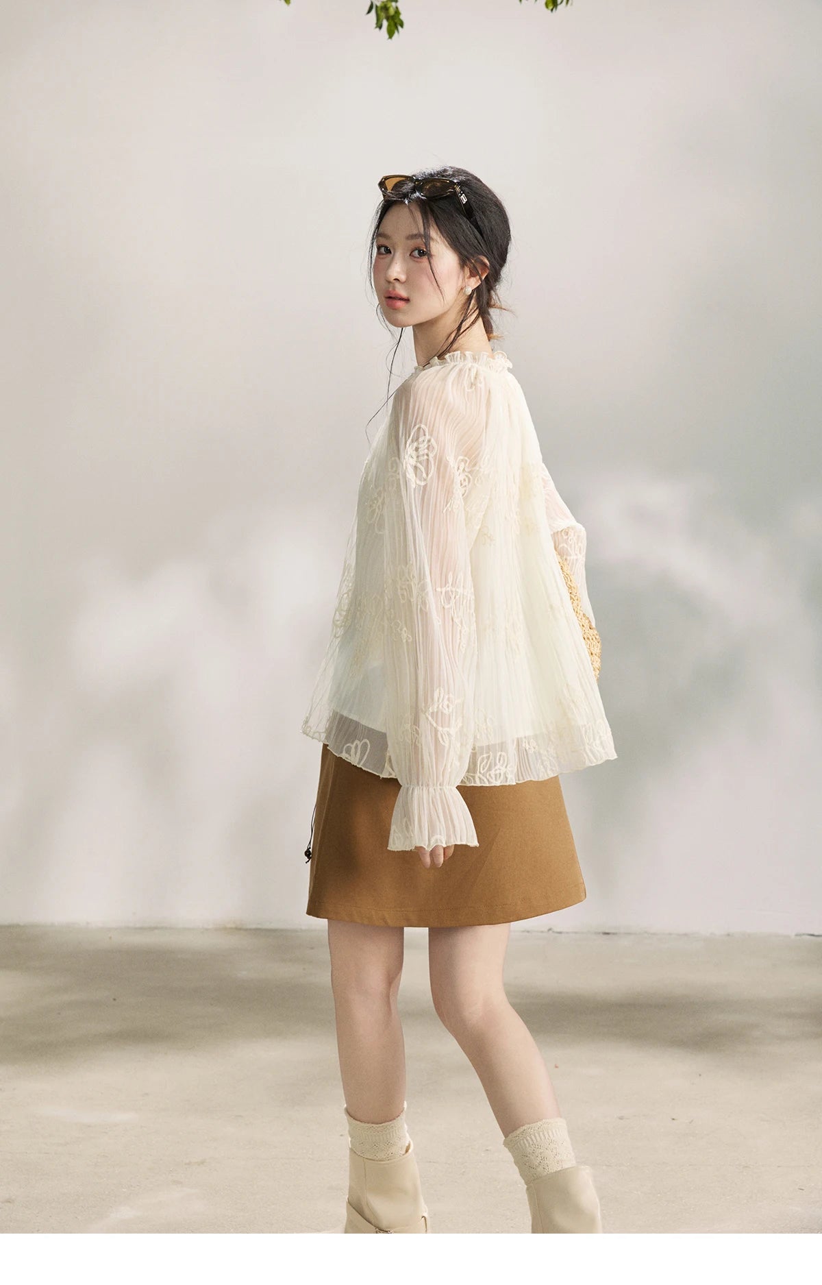MISHOW Tassel Tie Flower Embroidered Blouse V-Neck Lantern Sleeve MXF13X2525