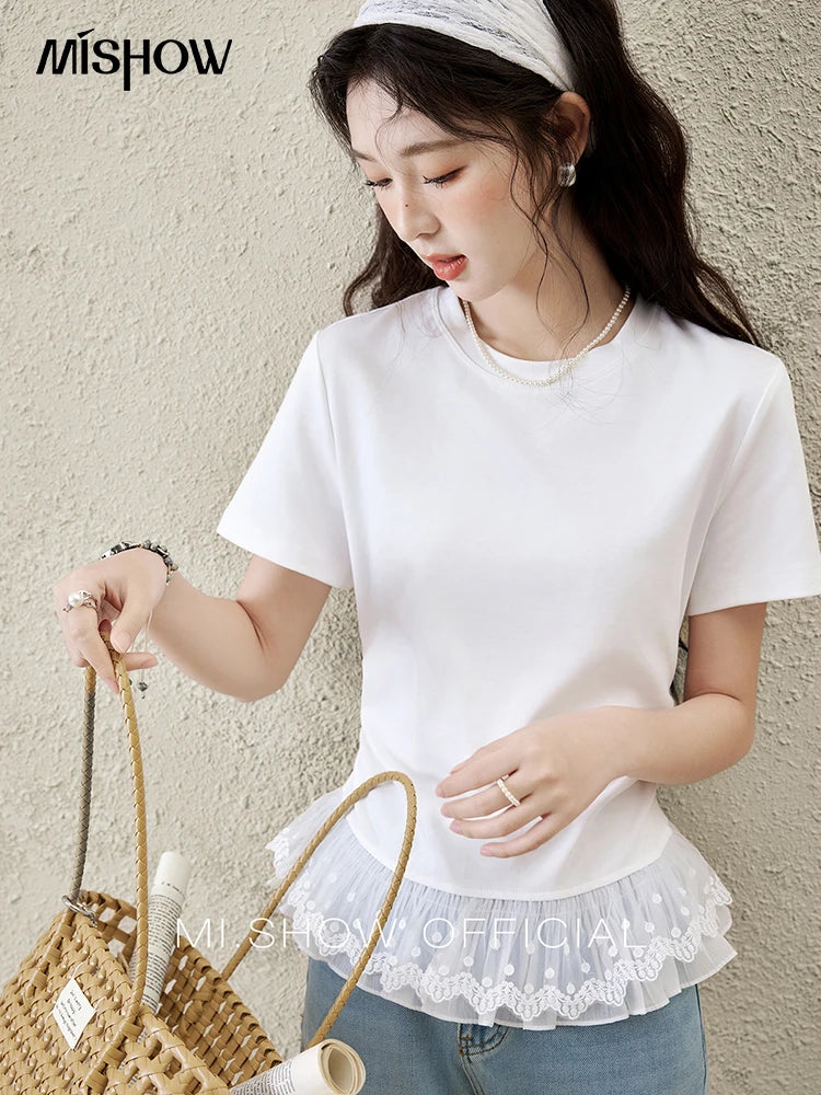 Mishow Lace Hem Splicing Round Neck Tee MXE31T0528