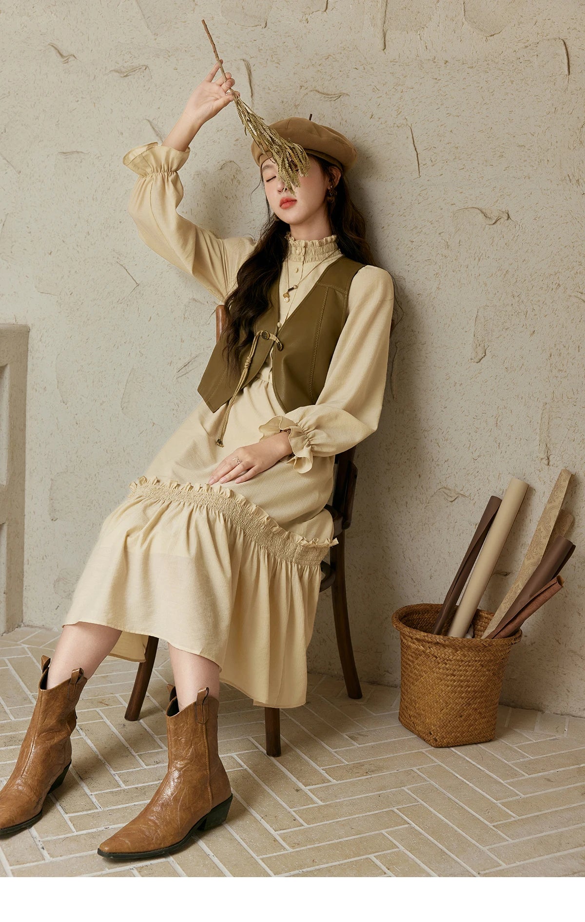 Mishow French Stand Neck Lotus Leaf Sleeve Dress MPD42L2036