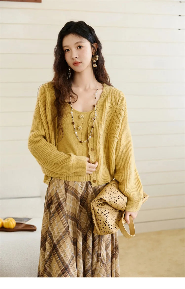 Mishow Yellow V-Neck Cardigan & Slim Camisole Set MXE45T0742