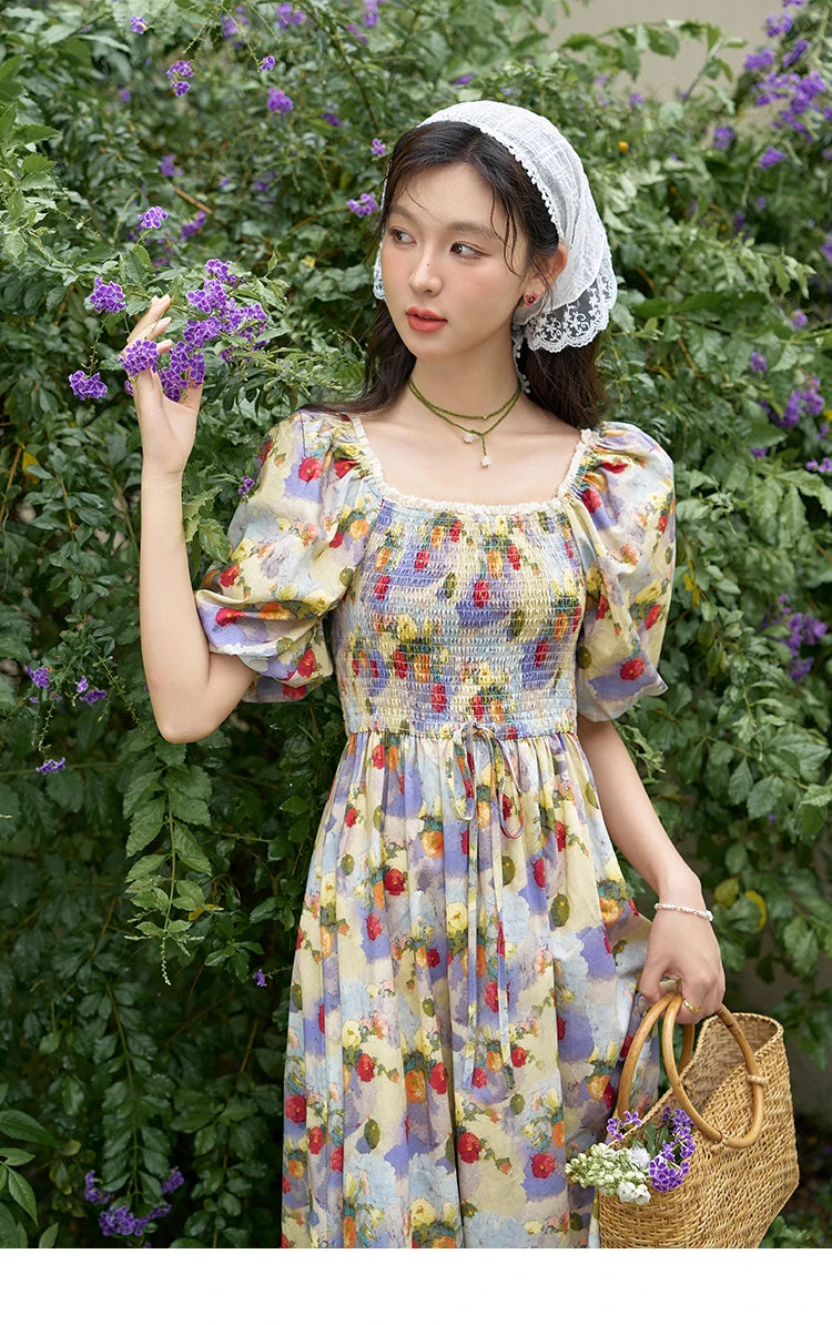 Mishow Floral Smocked Puff Sleeve Beach Dress MXD24L1905