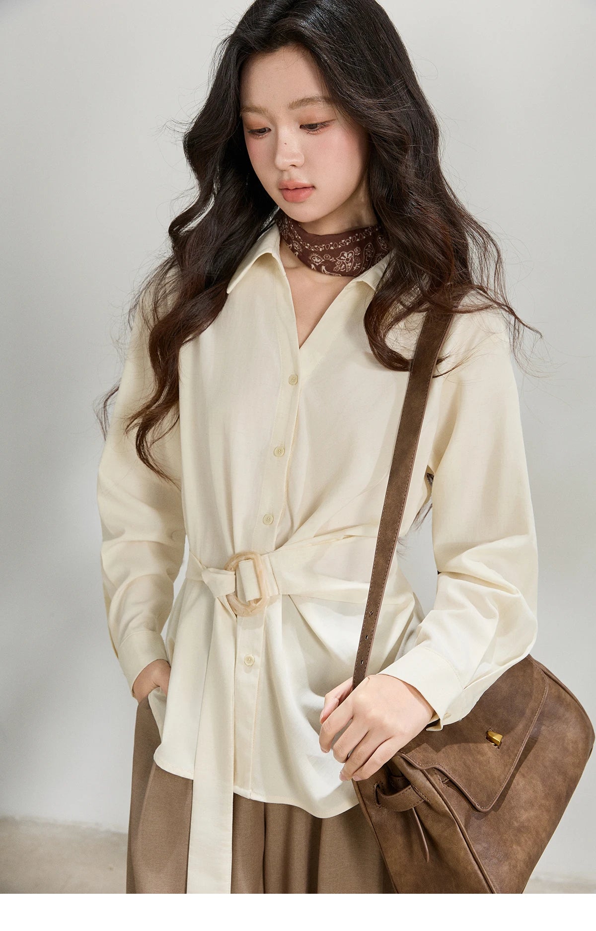 MISHOW Lapel Collar Shirt with Belted Waist Soft Beige MXF13C2452