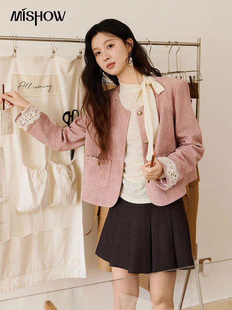 MISHOW Fragrant Suede Jacket Cuffs Hollowed Out Lace Metal Button MXE46W0839