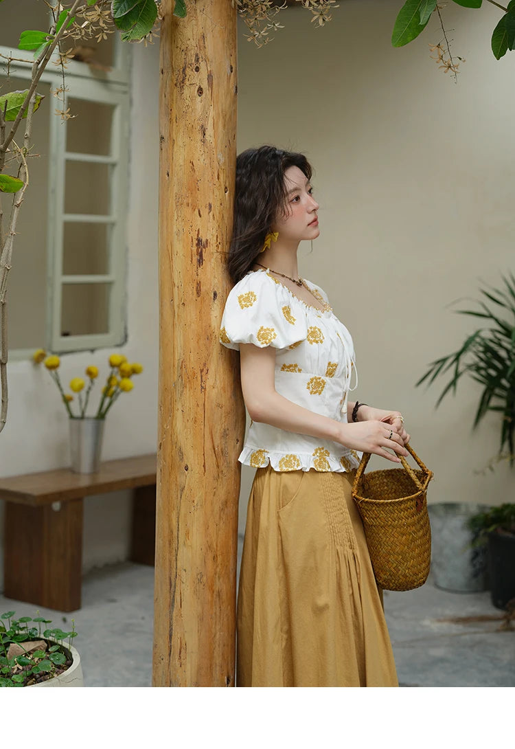 MISHOW Yellow Flower Embroidery Blouse Puff Sleeve Lace Up MXE35X1811