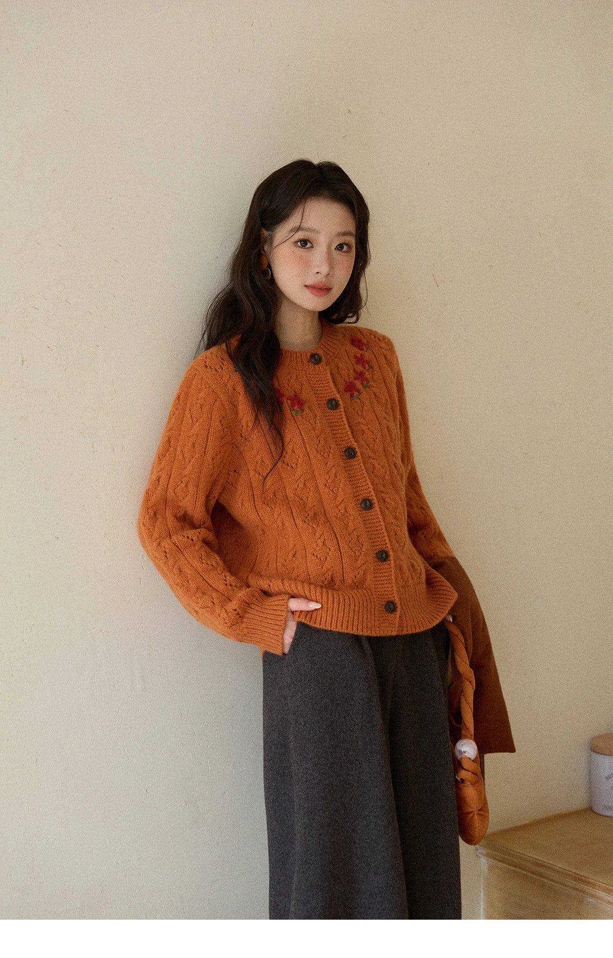 Mishow Orange Cable Knit Floral Embroidery Cardigan MXE86Z2737