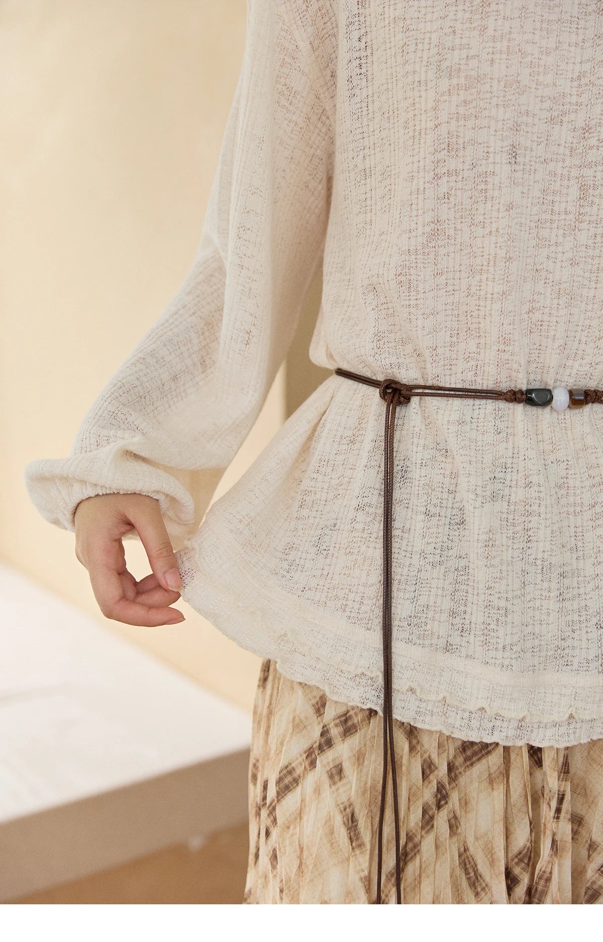 Mishow Lace Trim Boat Neck Knit Top with Belt MXF13Z3002