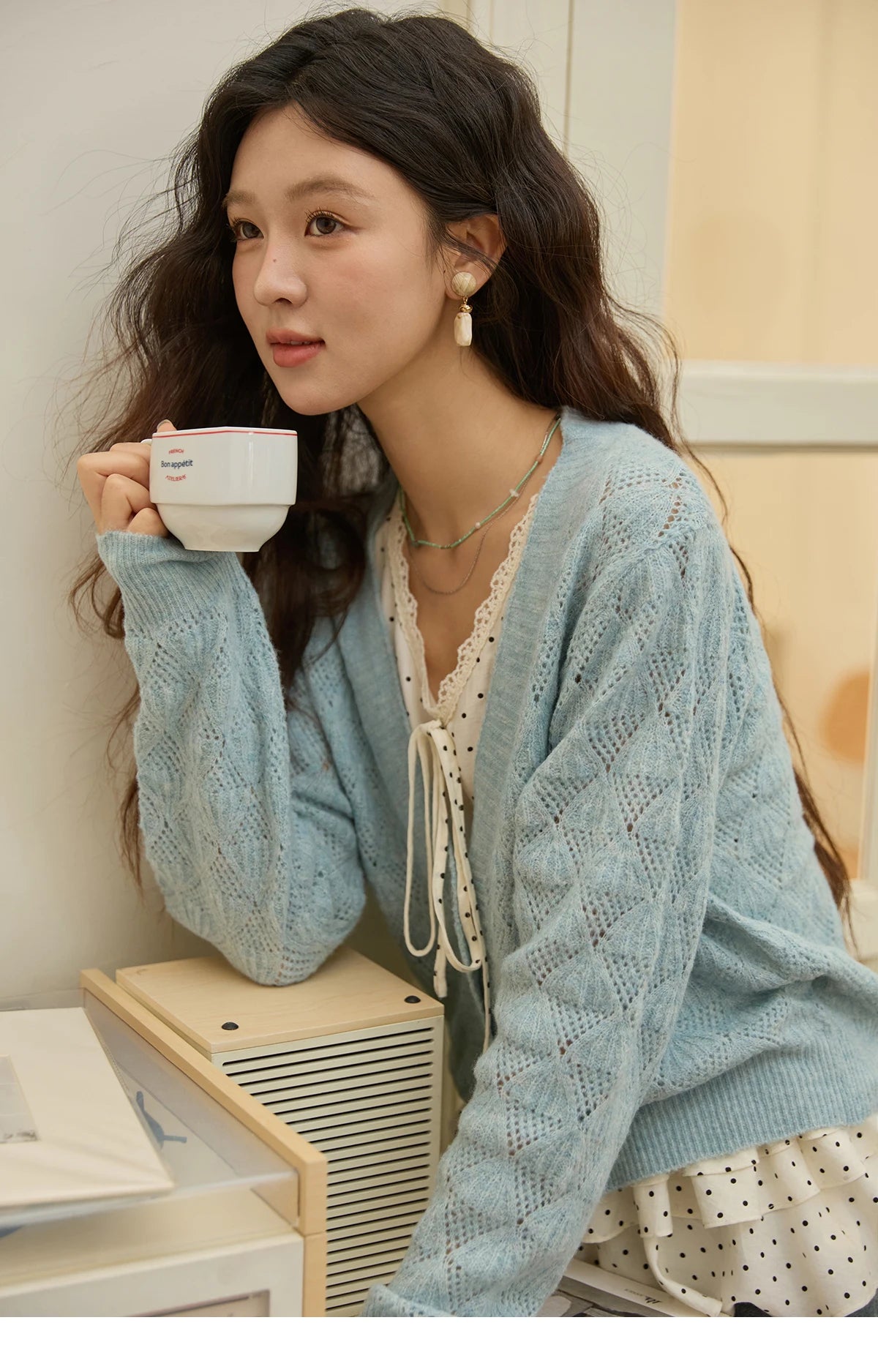 Mishow Blue Argyle Dropped Sleeve Wool Cardigan MXE41Z1313
