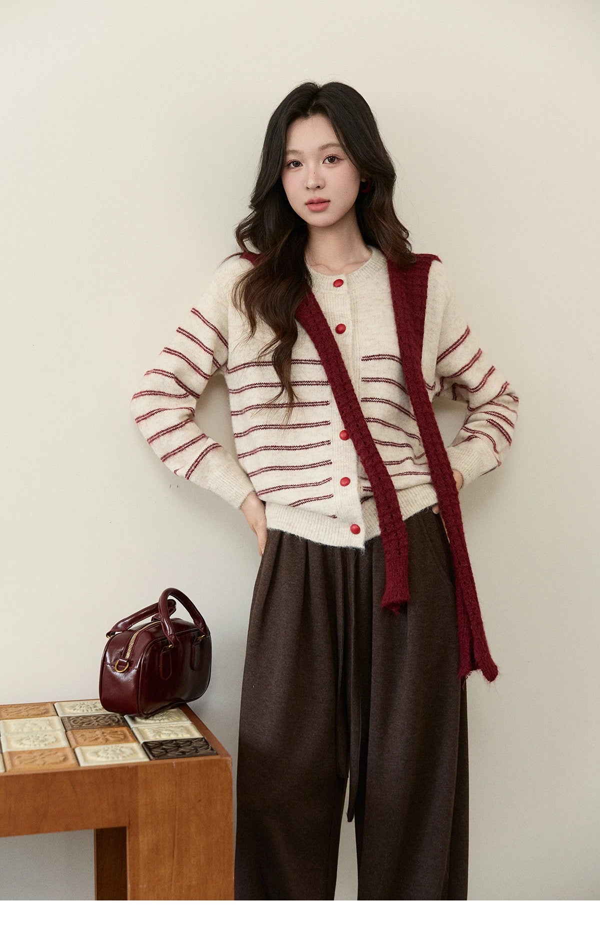 Mishow Beige Striped Red Scarf Button Cardigan MXE93Z2948