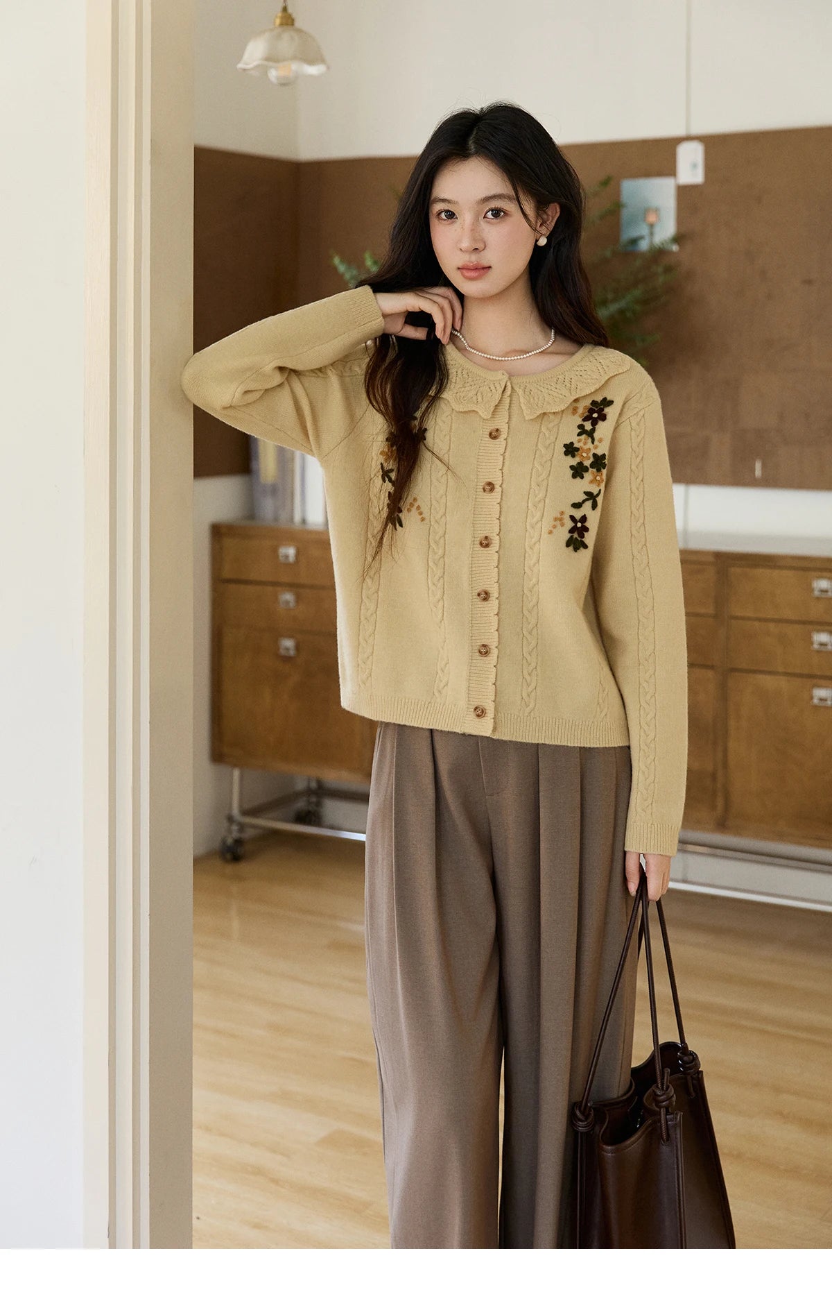 Mishow Peter Pan Collar Floral Cable Cardigan MXF11Z2904
