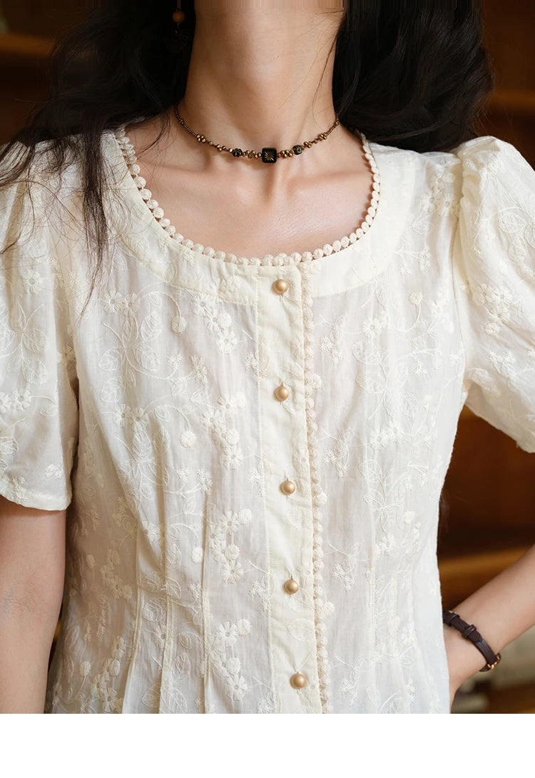 MISHOW Embroidery Cotton Shirt Puff Sleeve Button MXE39X1979