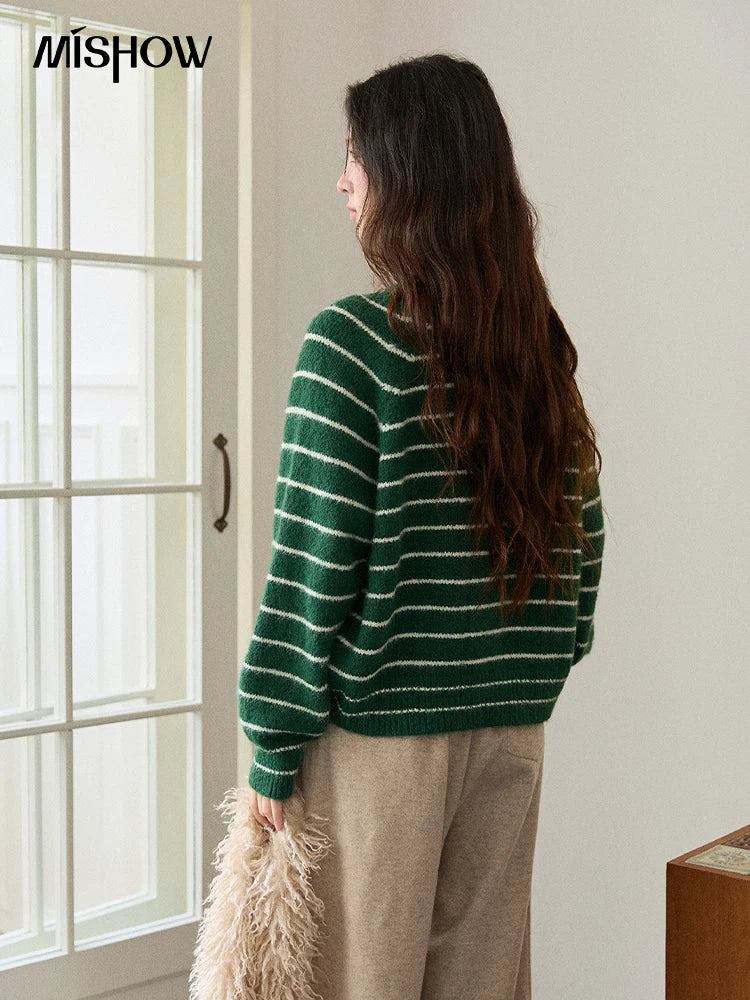 Mishow Green Striped Wool Blend Retro Cardigan MXE86Z2735