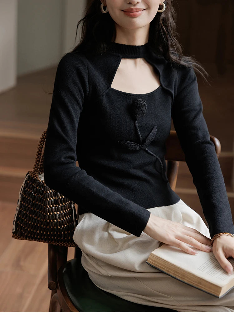 Mishow French Vintage Black Hollow Mock Neck Sweater MXD42Z0731