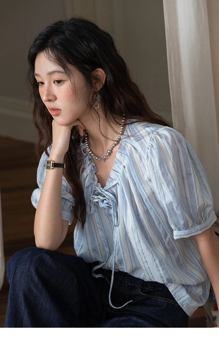 MISHOW Striped Puff Sleeve V-Neck Button Shirt MXE36X1870