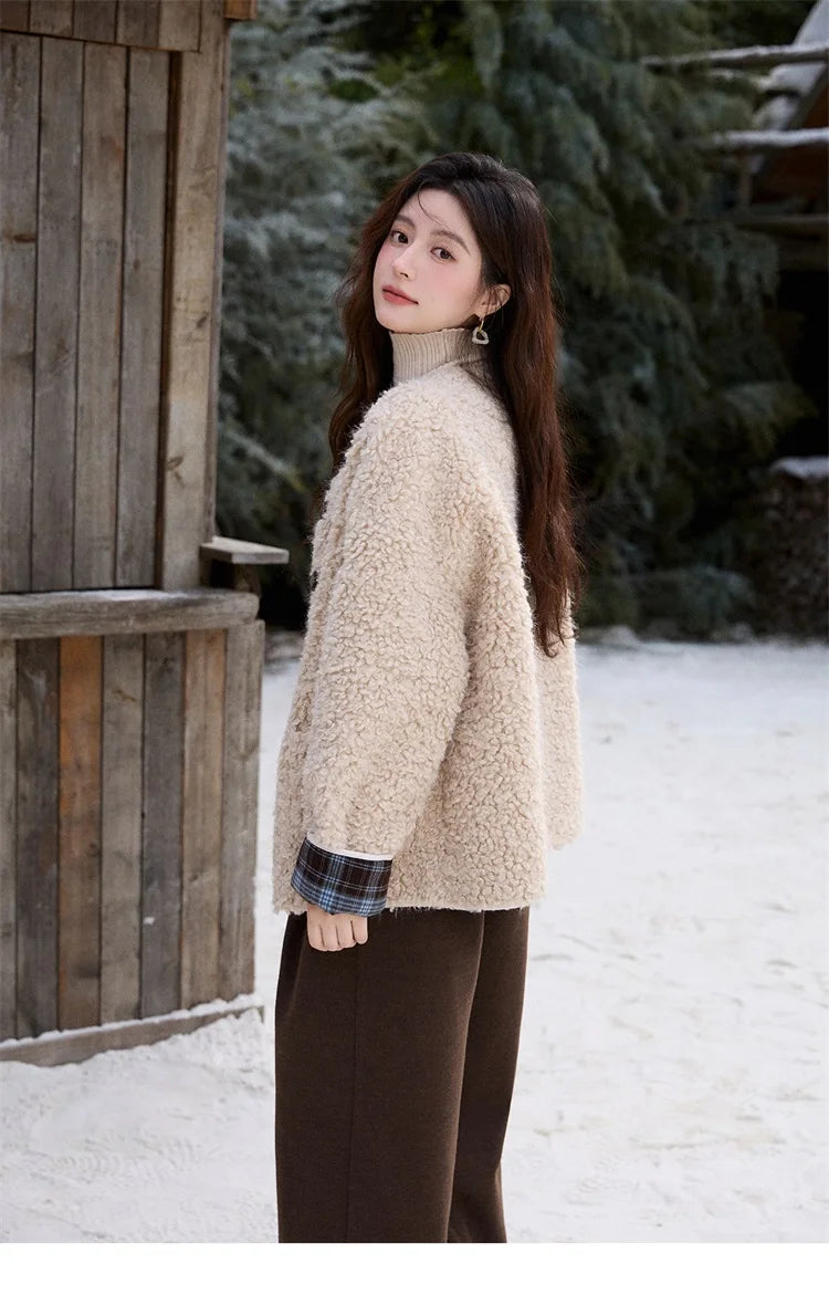 Mishow Plaid Patchwork Curly Lambswool Coat MXE87W0939