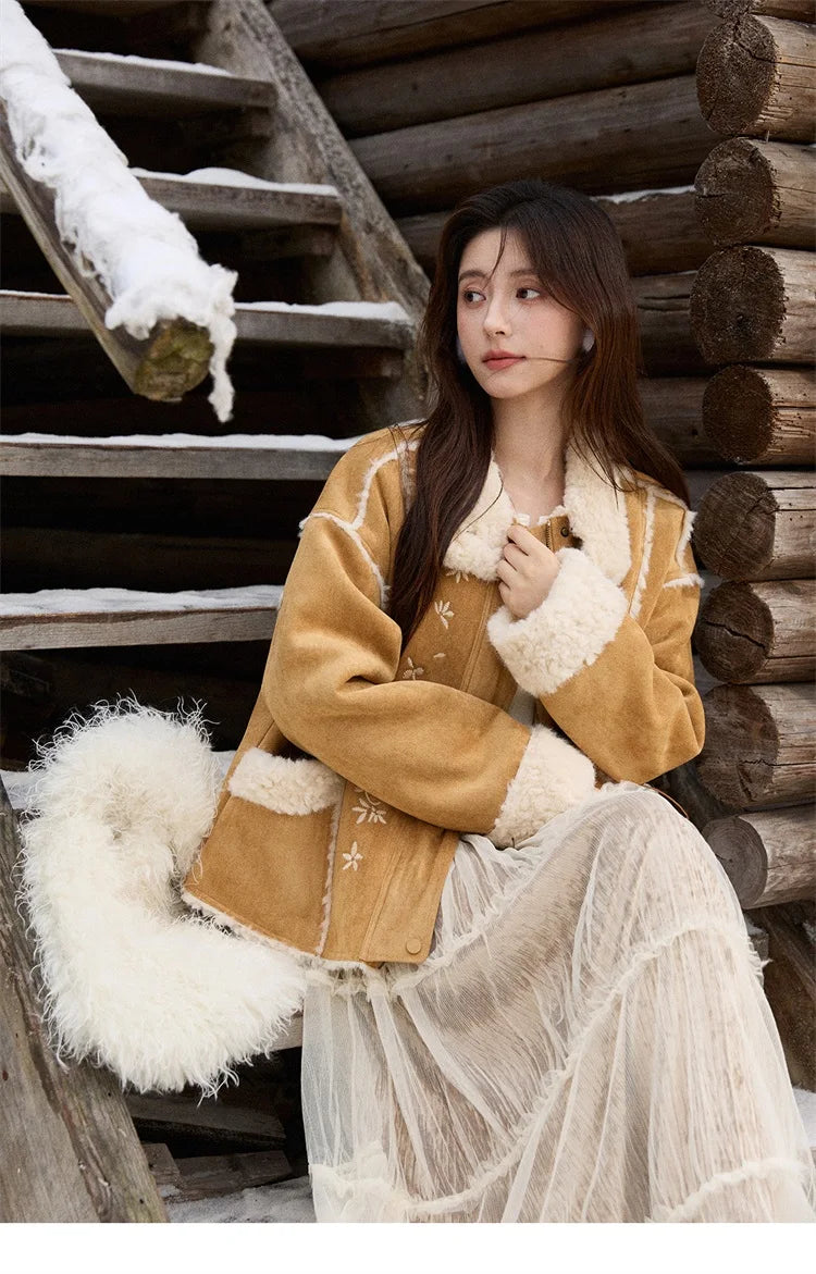 MISHOW Floral Embroidered Fur Jacket Plush Lapel Zipper MXE87W0918