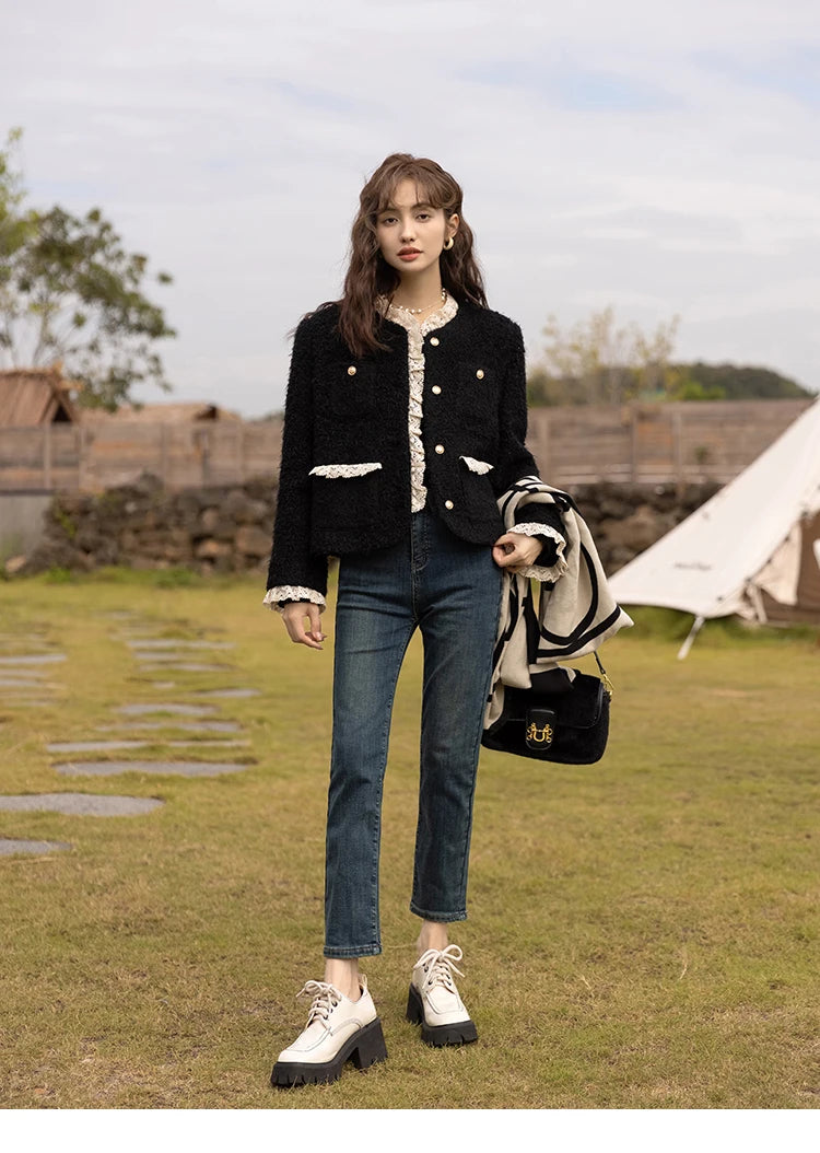 MISHOW Wool Coat Lace Splicing Lamb Wool Button Pockets MXB43W0720