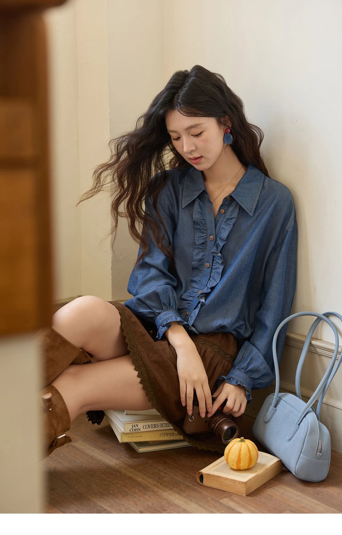 MISHOW Blue Lyocell Denim Shirt Ruffled Placket Waist Cinc MXE43C2386