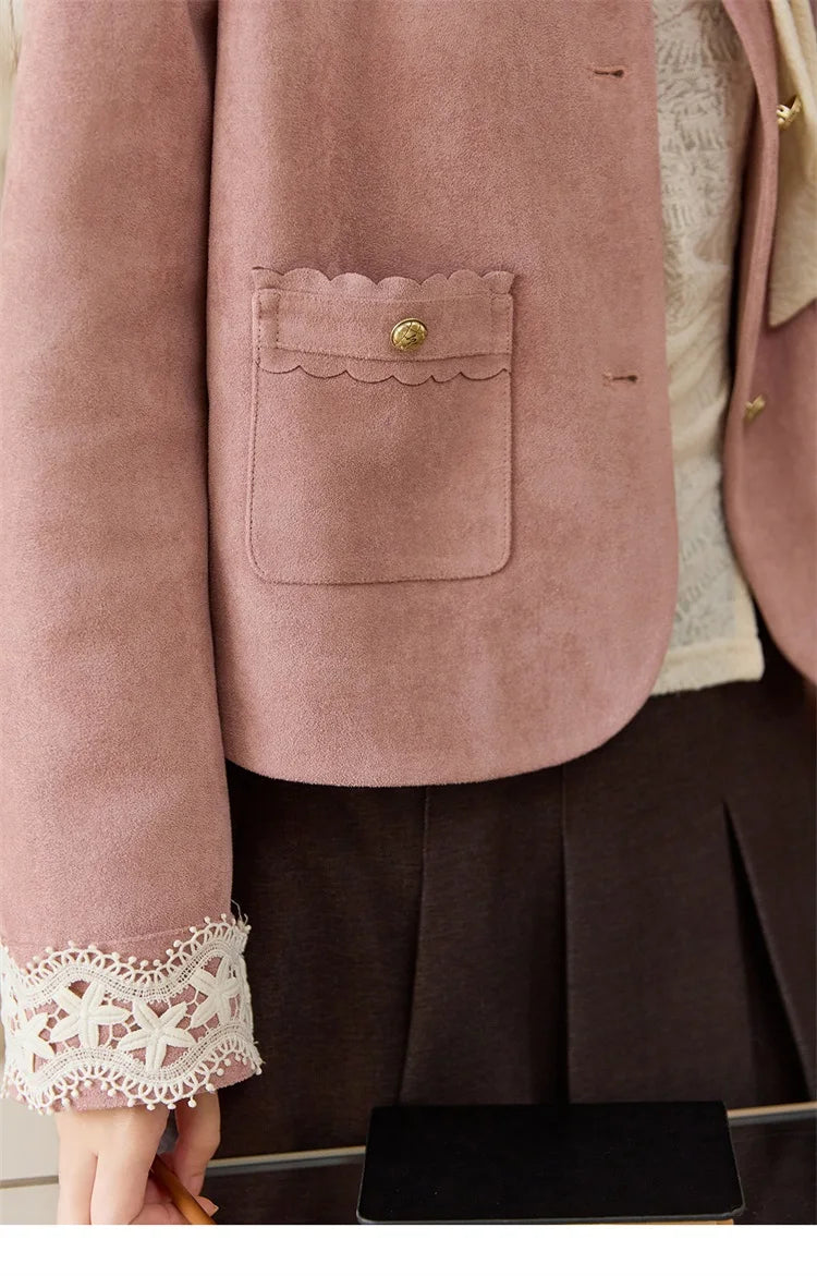 MISHOW Fragrant Suede Jacket Cuffs Hollowed Out Lace Metal Button MXE46W0839