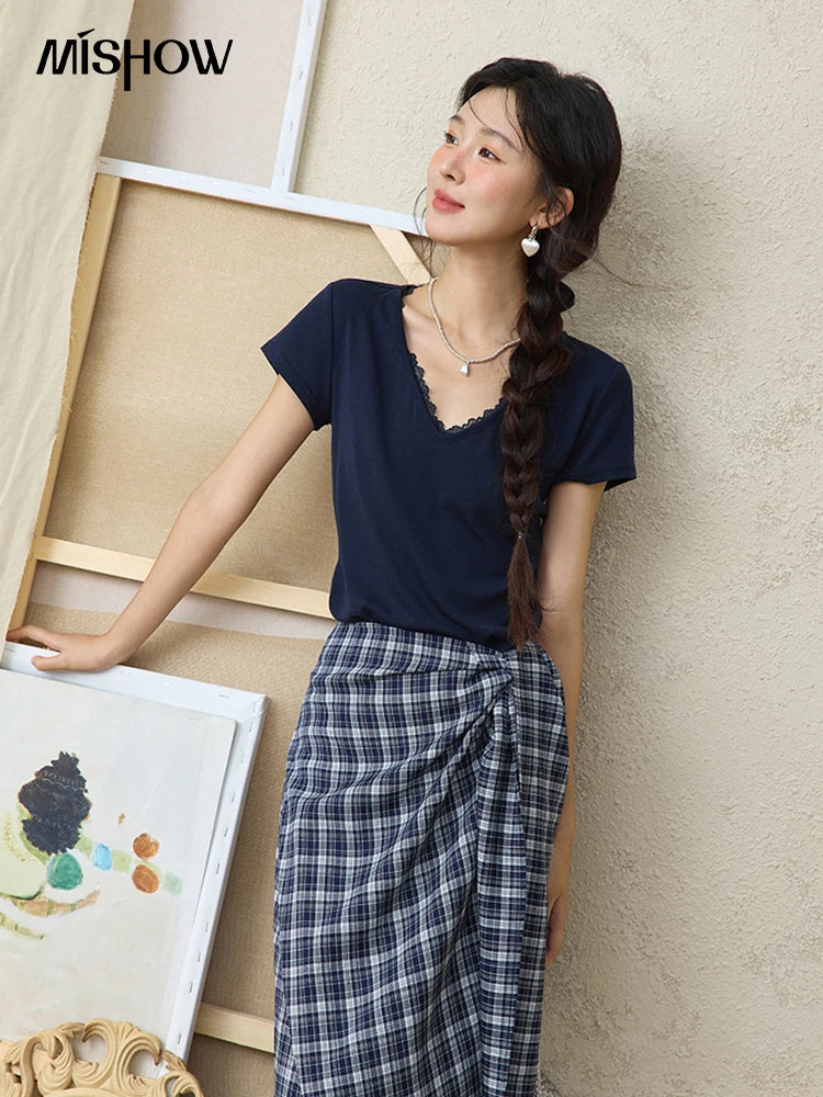 Mishow V-Neck Lace Spliced Office Tee MXE36T0644