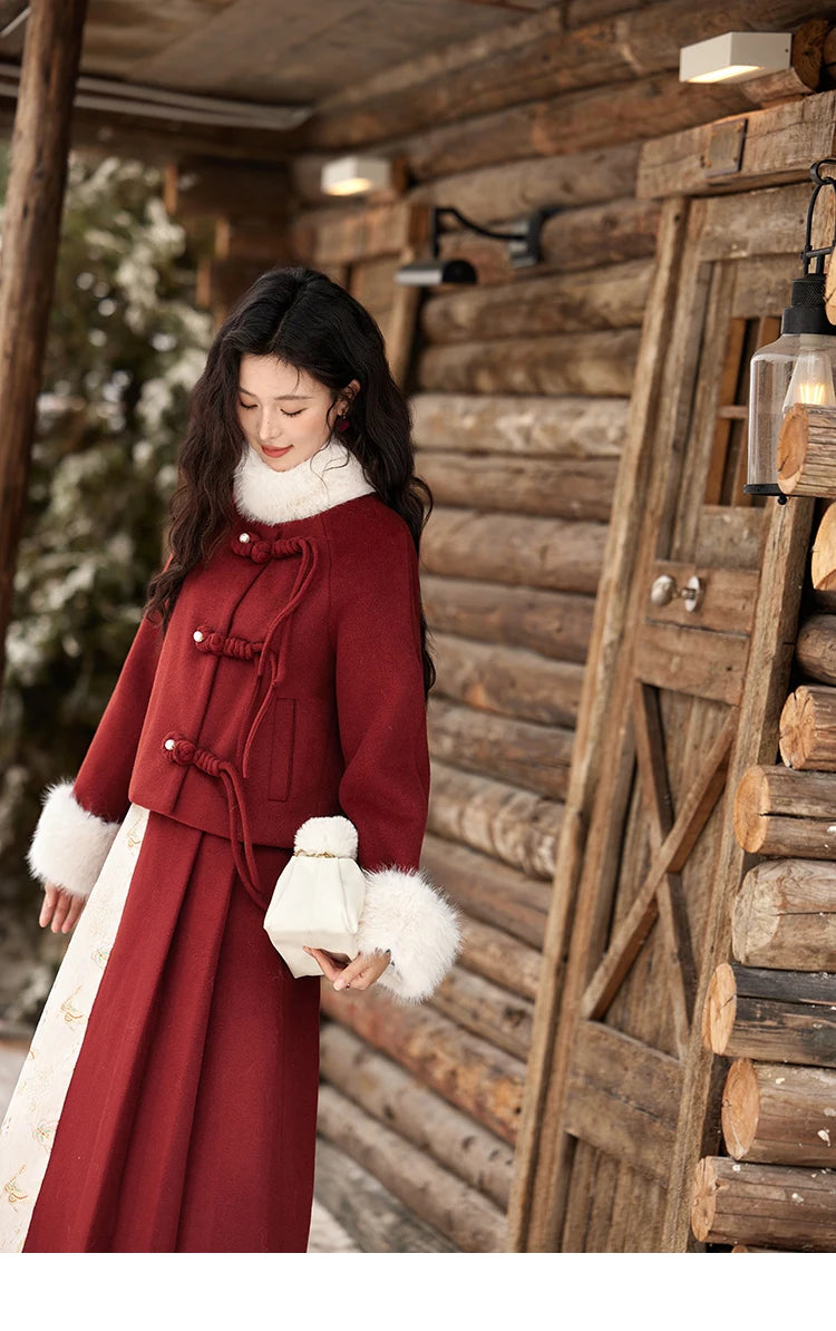 Mishow Tweed Jacket with Removable Fur Collar & Pleated Skirt Set MXD59W0609