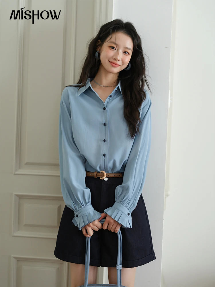 MISHOW Women's Color Block Shirt Pleated Cuffs Lapel Top MXE41C2352
