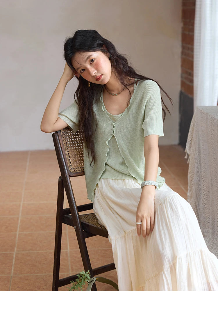 Mishow Mint Green Fake Two-Piece Short Sleeve Cardigan MXE36Z1286