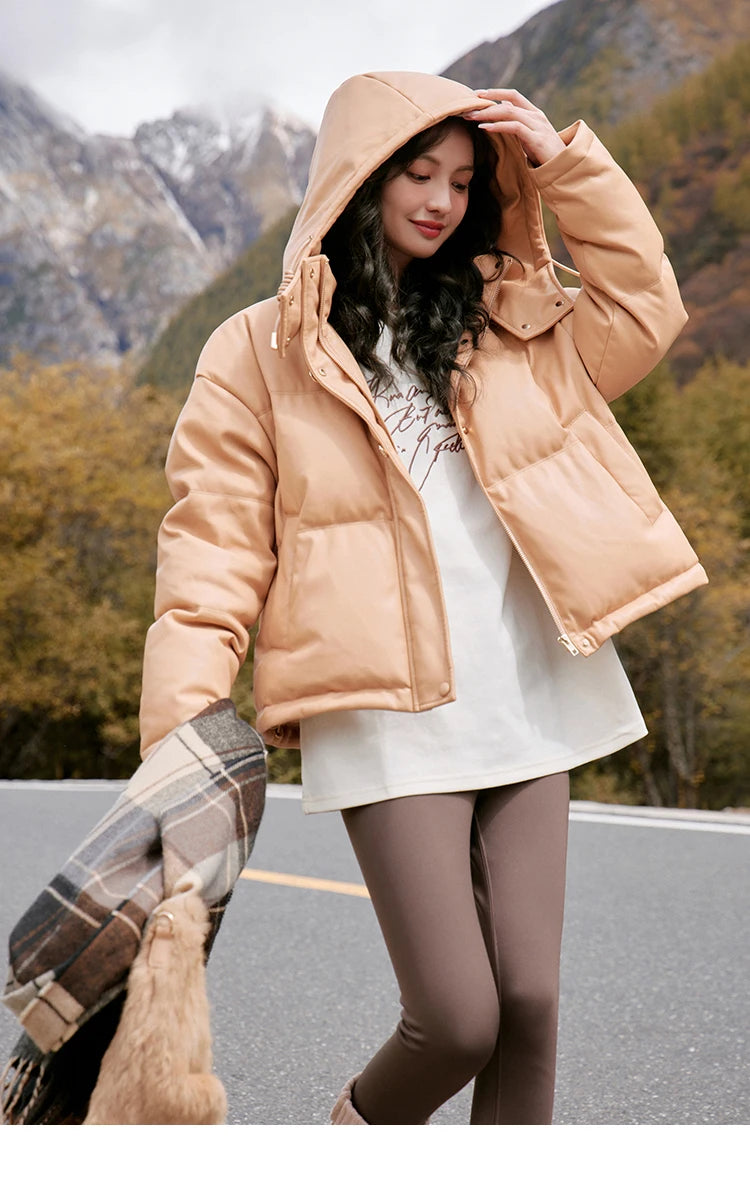 Mishow Hooded Imitation Leather Short Down Jacket MXC52Y0008