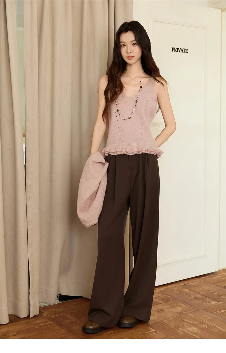 Mishow Pink Crew Neck Cardigan & Suspenders Set MXE48T1404
