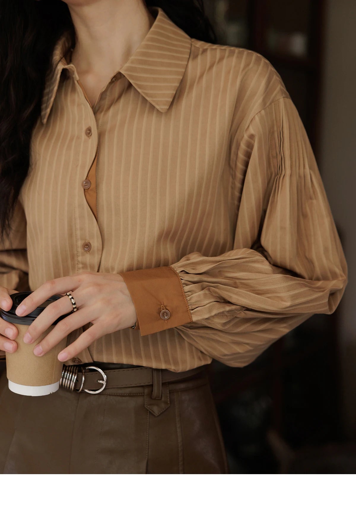 MISHOW Women's Striped Casual Shirt Retro Lapel Contrasting Cuffs MXD42C0301