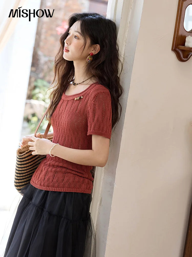 Mishow Retro Red Hollow Bead Knit Tee MXE35Z1271