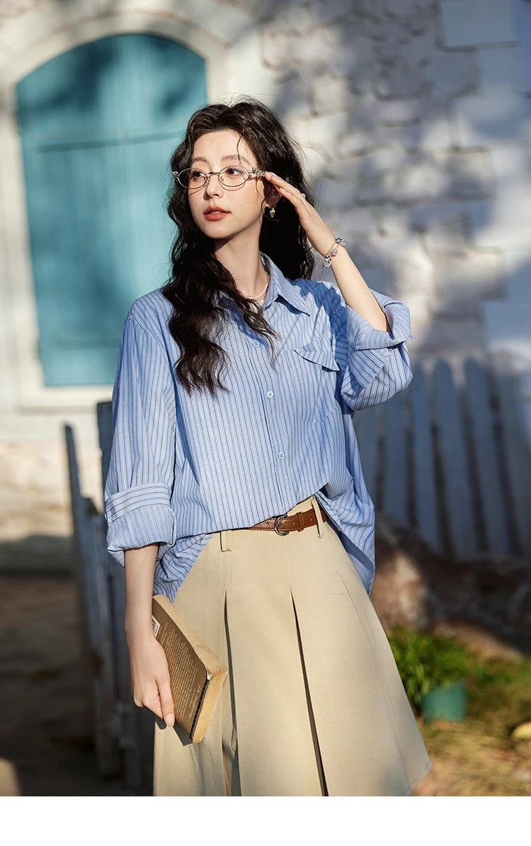 MISHOW Blue Striped Shirt Pocket Turn-Down Collar MXE11C0399
