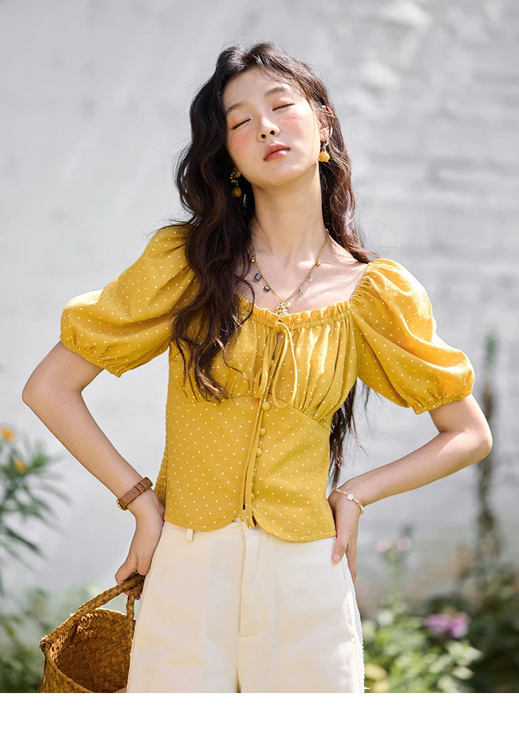 MISHOW Yellow Polka Dot One Shoulder Blouse Back Elastic Lace-Up MXE35X1840