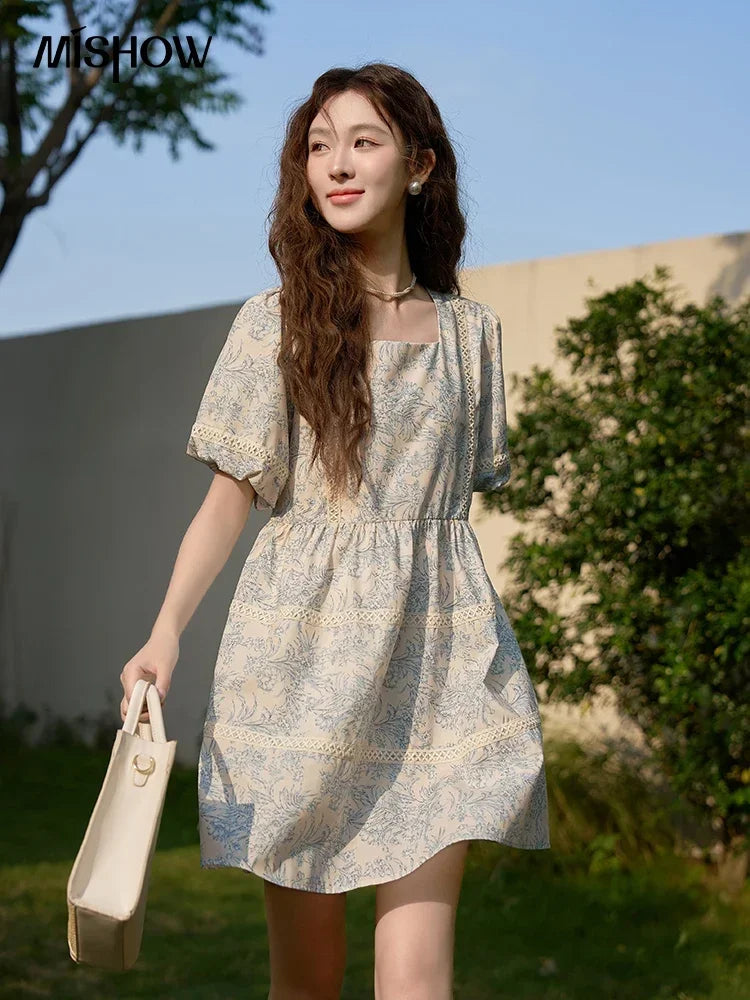 Mishow Square Collar Blue Floral Puff Sleeve Dress MXC38L1520