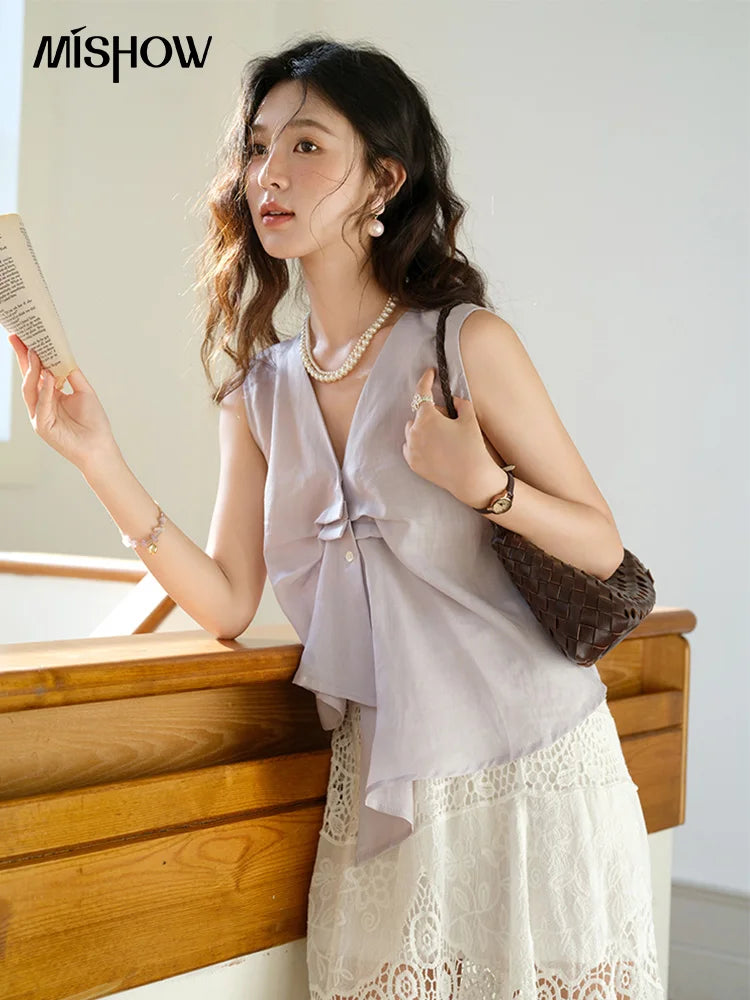 MISHOW Sleeveless V-Neck Blouse Button Detail MXE39X1960
