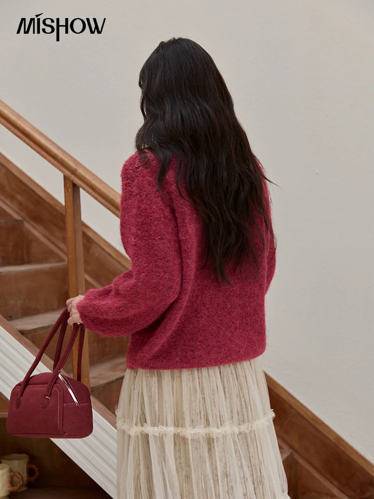 Mishow Pink Lace Wool V-Neck Lantern Sleeve Pullover MXE51Z2632