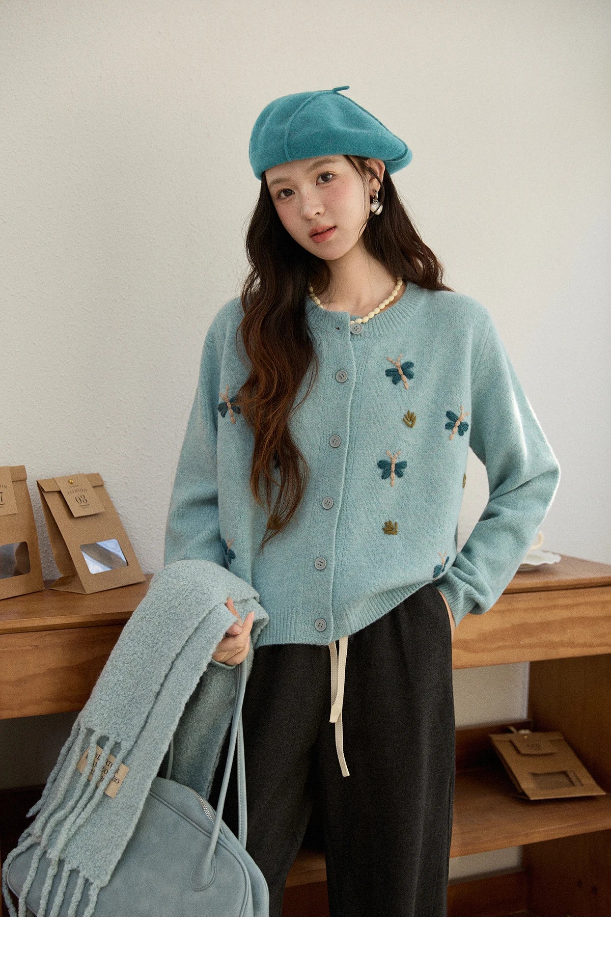 Mishow Blue Butterfly Embroidered O-Neck Cardigan MXE90Z2818