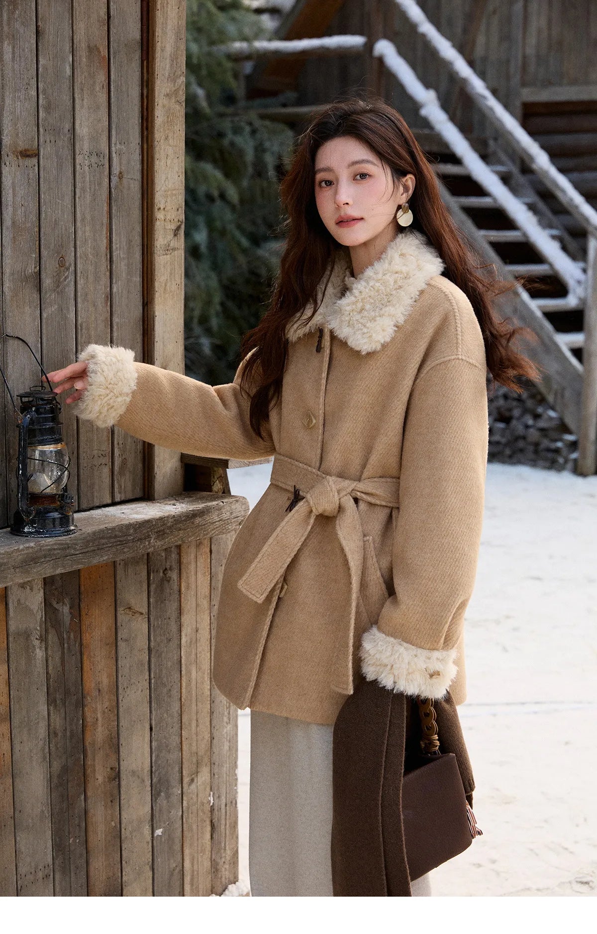 Mishow Thick Wool Blend Belted Patchwork Coat MXE92W0997