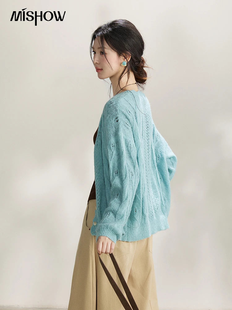 Mishow Blue Hollow Out V-Neck Wool Cardigan MXF13Z2975