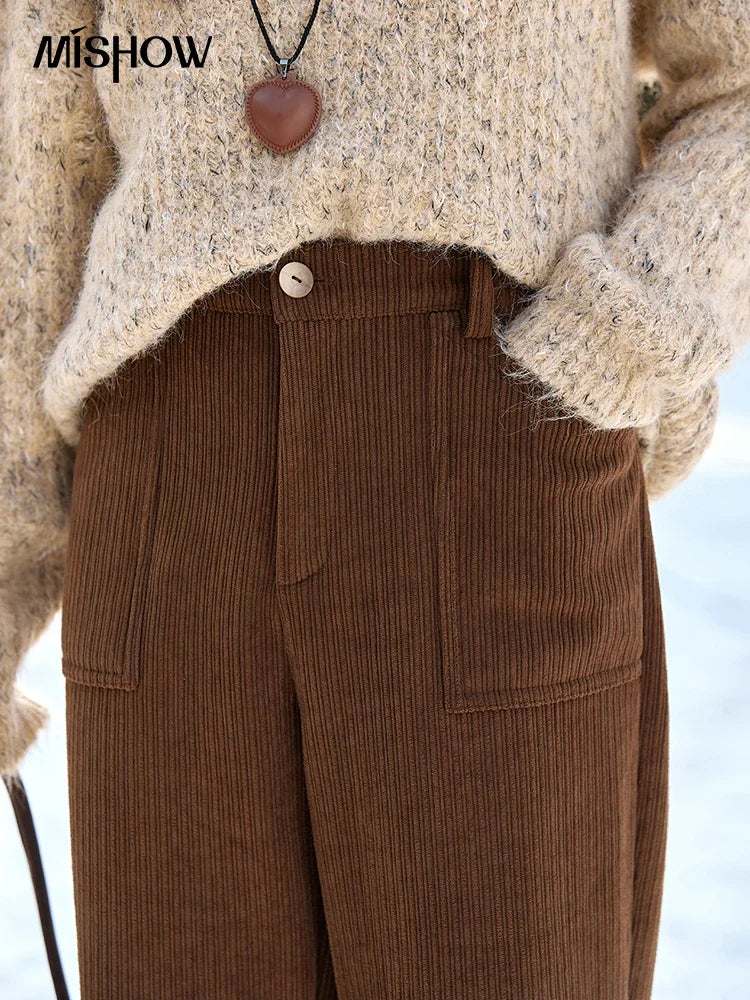 MISHOW Corduroy Pants High Waist Straight Pocket Velvet Inside MXD55K0813