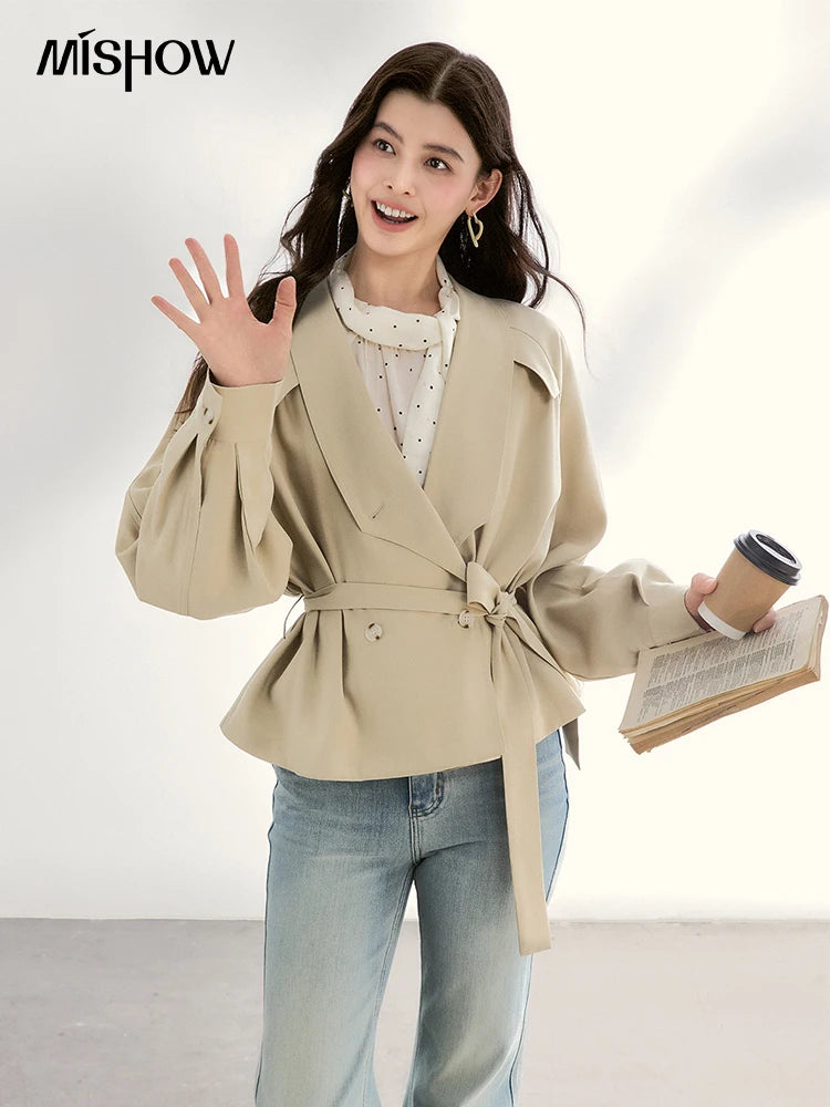 MISHOW Khaki Belted Waist Coat Lapel Double-Breasted Short MXF13W1056