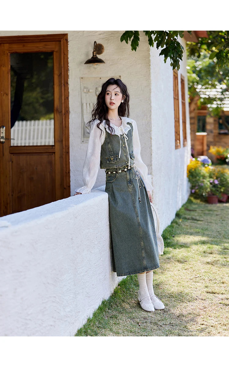Mishow Korean Denim Vest Coat & Slim A-Line Midi Skirt Set MXE13W0731