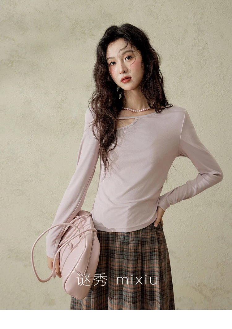 Mishow Irregular Hollow Neck Slim Solid Top MXE13Z1116
