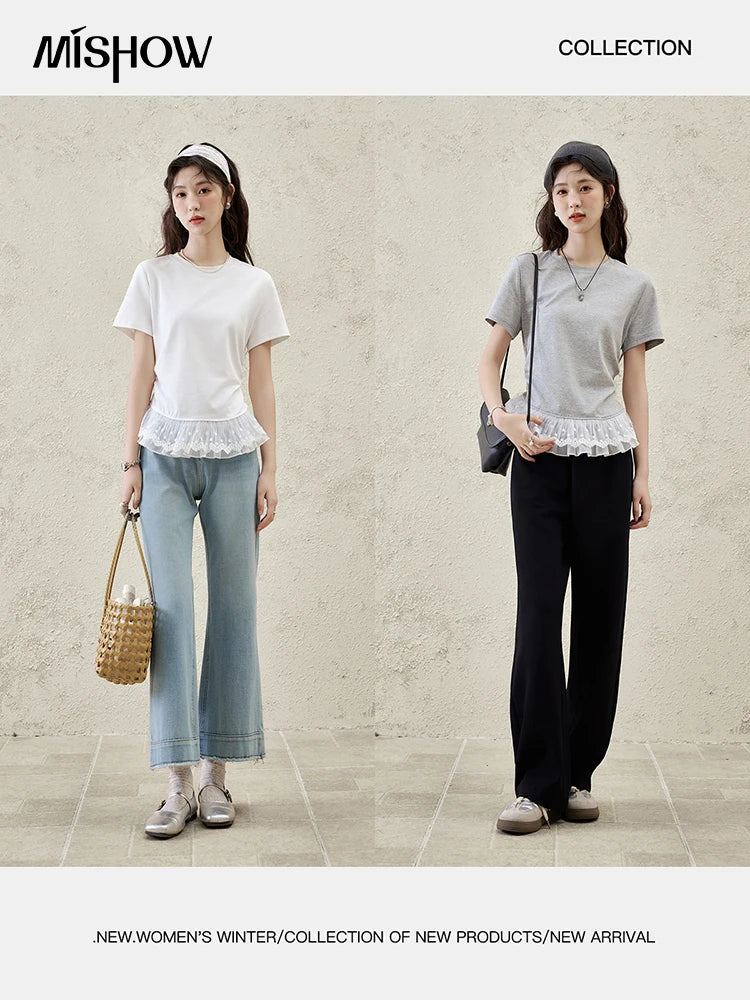 Mishow Lace Hem Splicing Round Neck Tee MXE31T0528