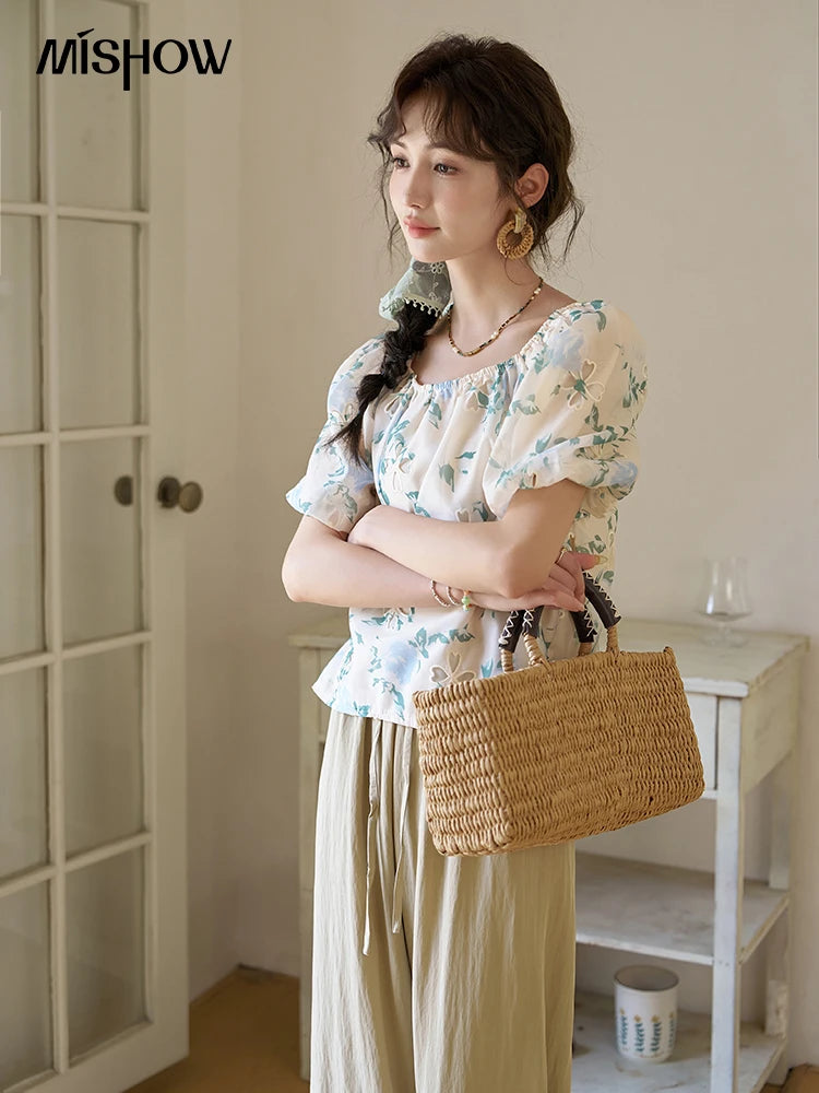 MISHOW Floral Hollow Blouse Square Collar Puff Sleeve MXD29X1602