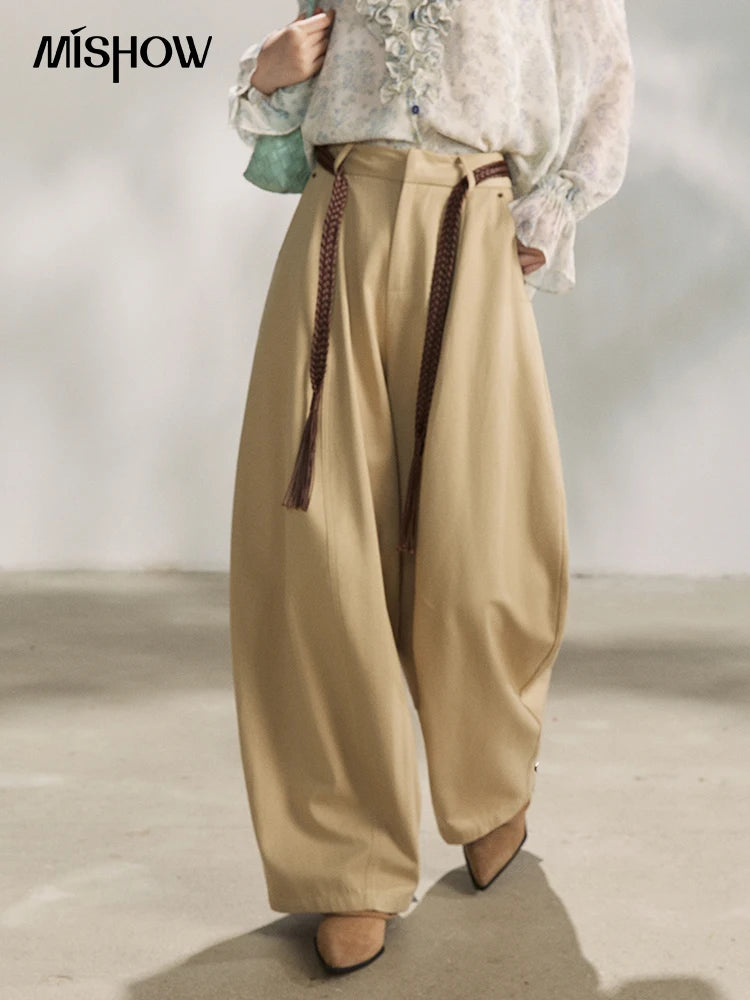 MISHOW Khaki Wide Leg Pants High Waist Belted Rear Pocket MXF13K1237
