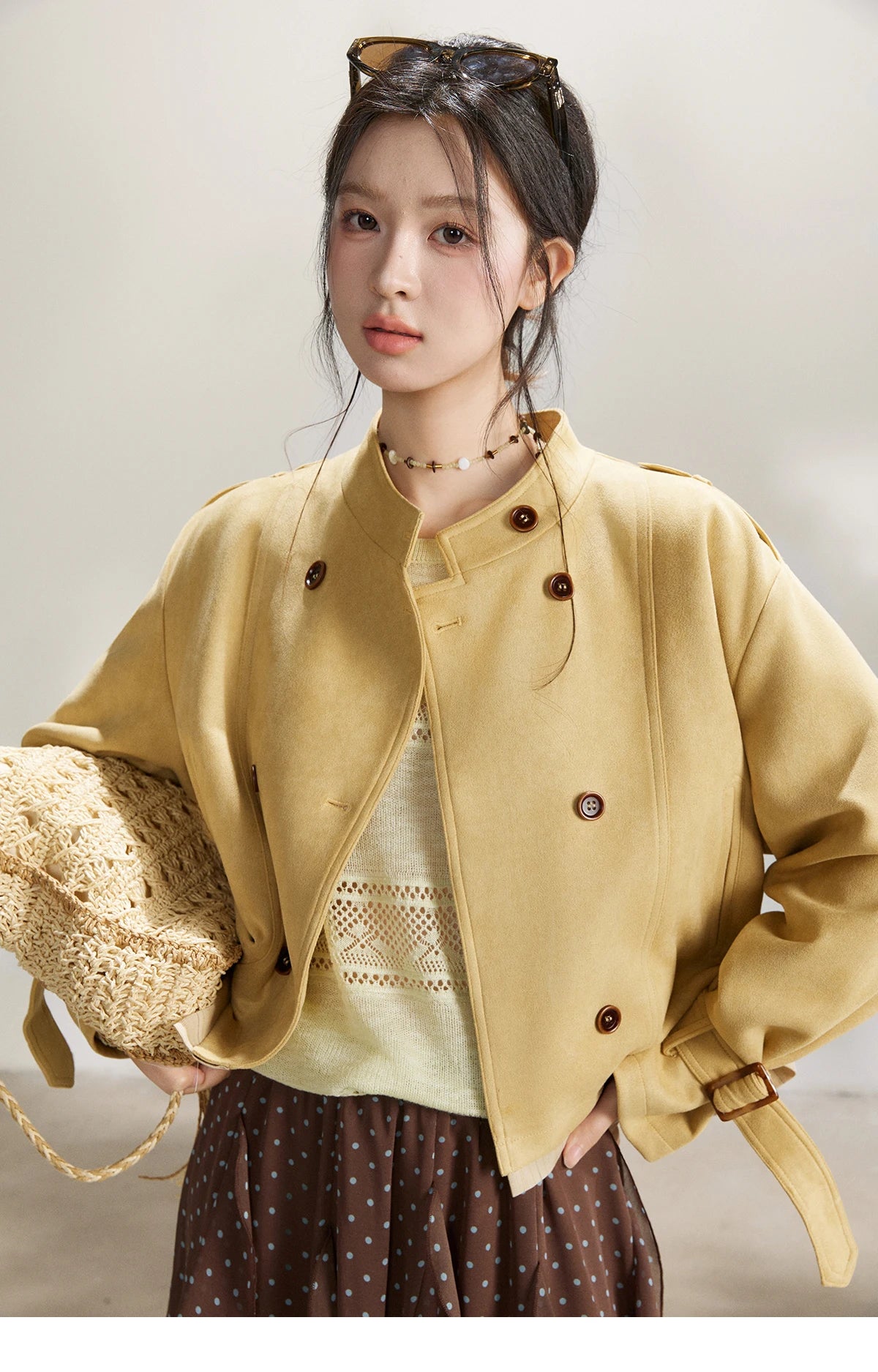 Mishow Yellow Double-Breasted Stand Collar Trench MXF11W1026