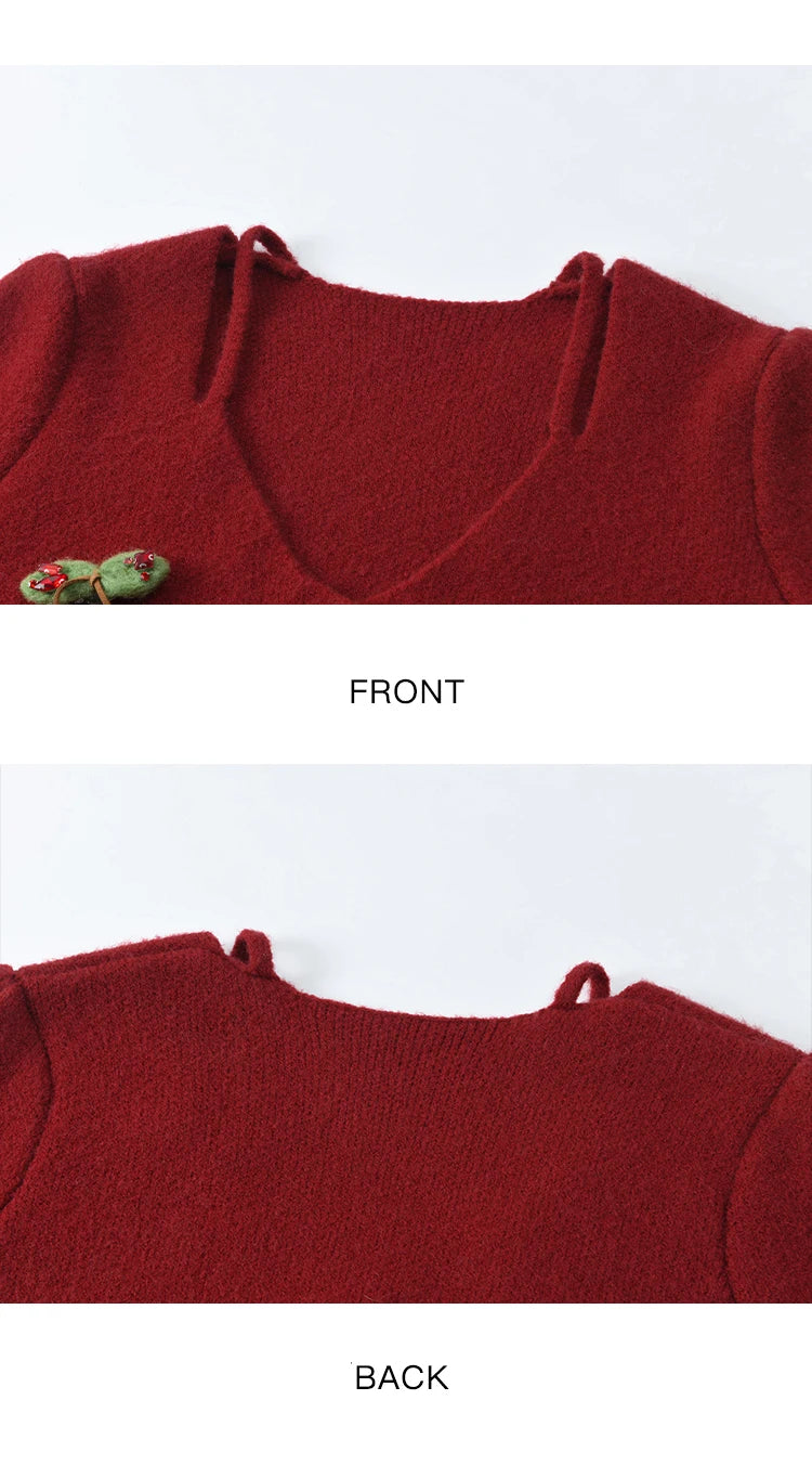 Mishow Red Cherry Ornament Slim V-Neck Cardigan MXD112Z1006