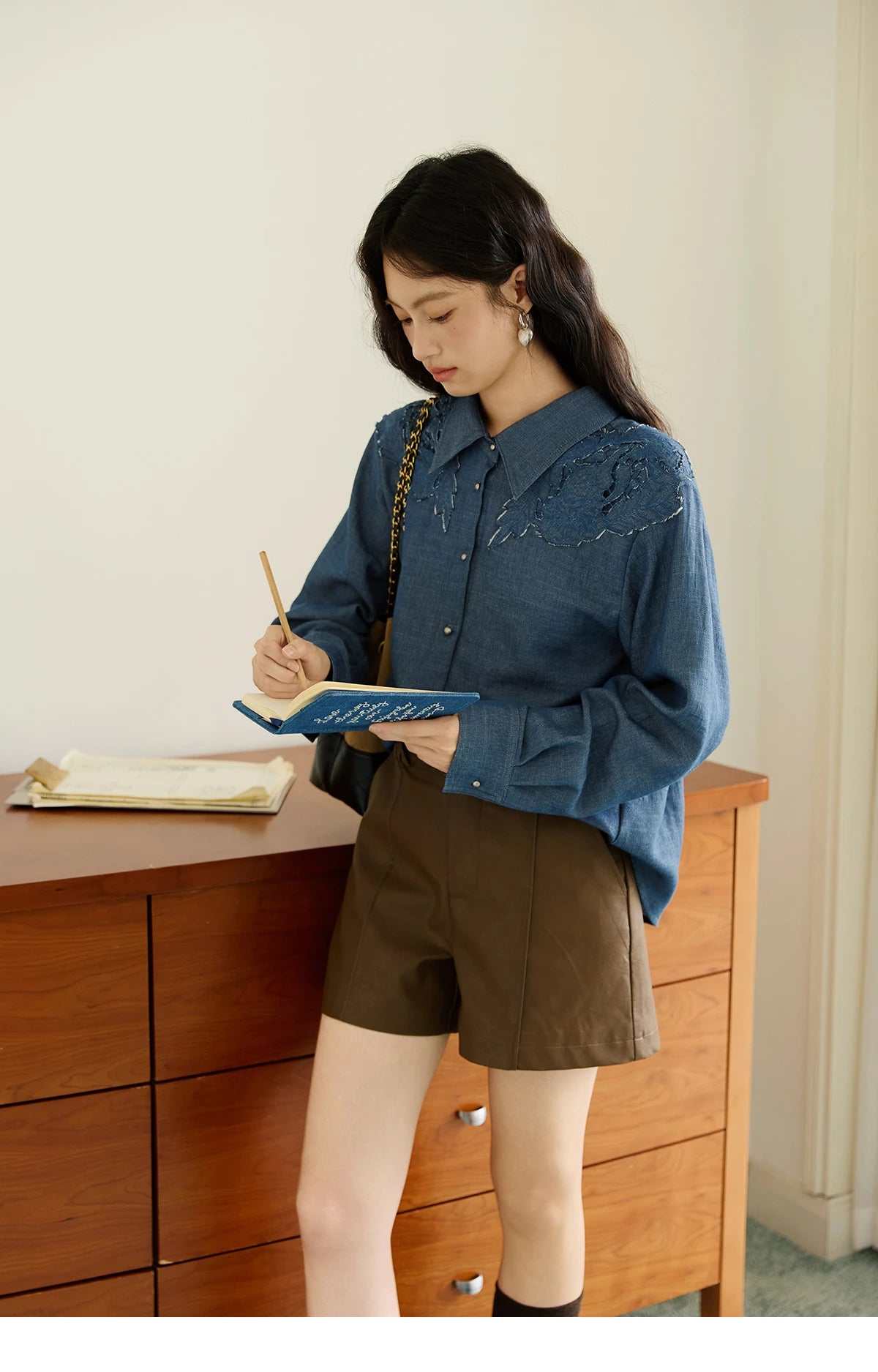 MISHOW Blue Shirt Hollowed Out Patchwork Embroidery Imitation Denim MXE46C2410