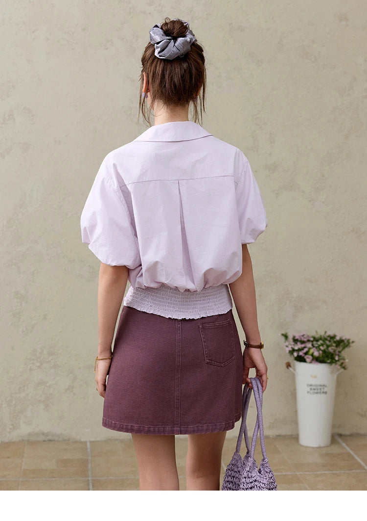 MISHOW Purple Cotton Blouse Turn-Down Collar Short Sleeve MXE32X1794