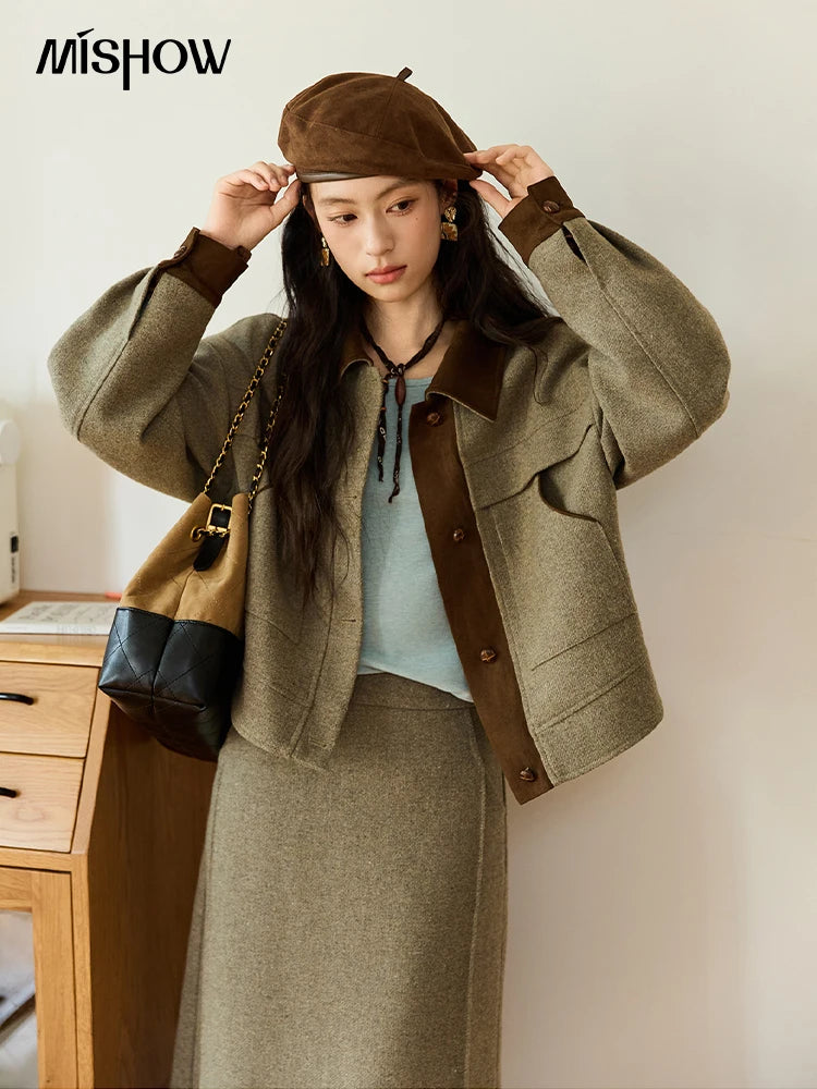 Mishow Contrast Suede Patchwork Wool Coat MXE46W0844